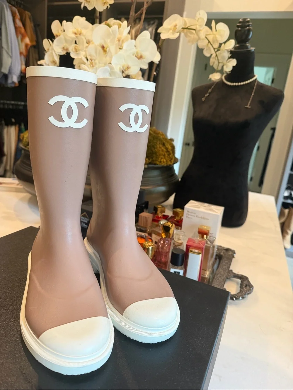 CHANEL Pink Beige Rain Boots with White Trim and Logo